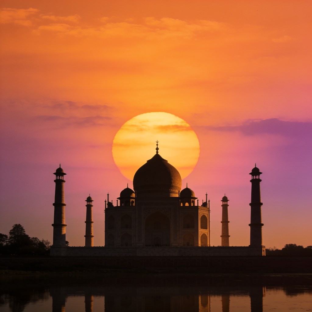 Silhouette of the Taj Mahal against a vibrant sunset with a large sun in the background.